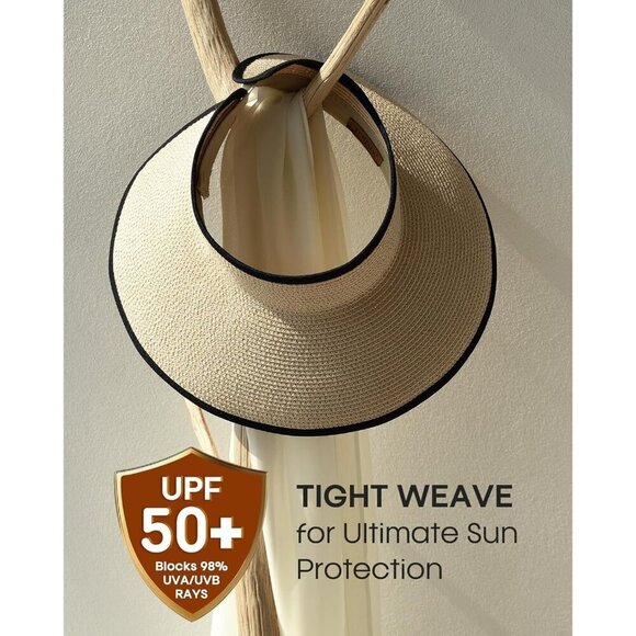 Women’s Straw Sun Visor Hat Wide Brim Packable UV Protection Vacation Beach main image 6
